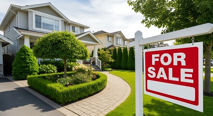 Suburban residential property with a prominent real estate sign displayed in the front yard
