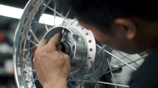 Close up of a skilled mechanic assembling a motorcycle wheel meticulously lacing spokes into the hub and rim showcasing precision and craftsmanship in a workshop environment. - Powered by Adobe
