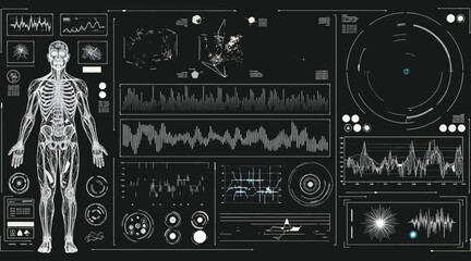 A complex human body diagnostic interface displaying anatomical data and vital signs, representing advanced medical technology and healthcare monitoring, isolated on white background