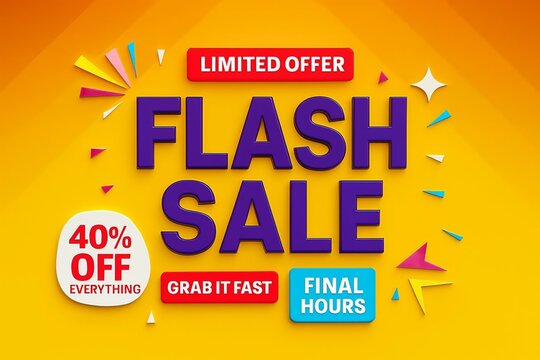 Bright and energetic flash sale announcement with 40 percent off and grab it fast messaging on a yellow background