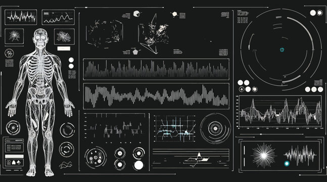 A complex human body diagnostic interface displaying anatomical data and vital signs, representing advanced medical technology and healthcare monitoring, isolated on white background