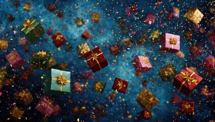 multicolored xmas gift boxes and presents falling amidst a shower of confetti and particles against a vibrant xmas background