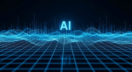 Glowing digital representation of artificial intelligence concepts hovers above a futuristic grid