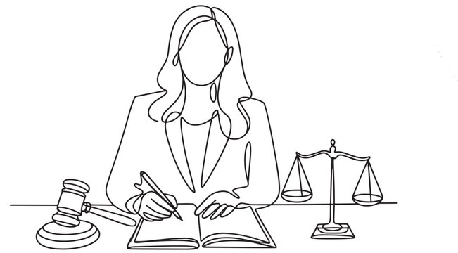 continuous line art drawing Woman judge holds a judge's gavel in her hand. Vector illustration