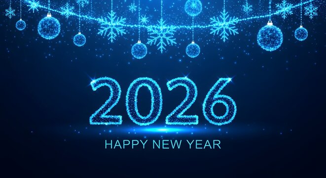 Happy new year 2026 with glowing blue digital numbers and festive snowflake and bauble decorations, symbolizing celebration and the future