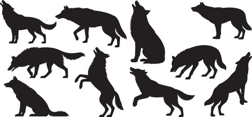 Wolf silhouette set various poses , walking and sitting wolves, wild animal vector illustration