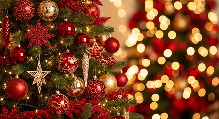 Festive evergreen tree adorned with sparkling ornaments and warm illumination creates a magical holiday atmosphere