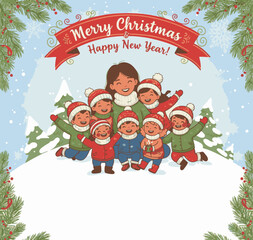 Happy Family Christmas Celebration Illustration with Mother and Children