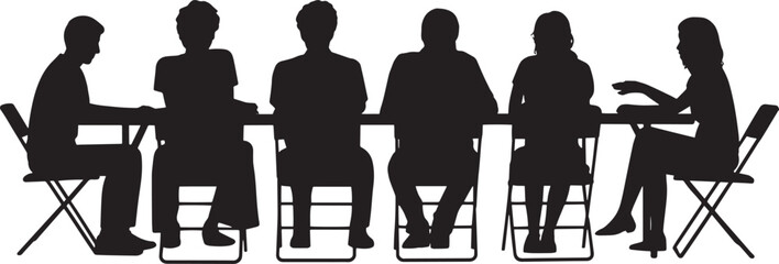 silhouette of a group of six people sitting around a table, typically representing a business meeting or team collaboration. vector illustrator