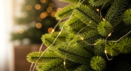 Close up view of evergreen branches adorned with delicate glowing string lights