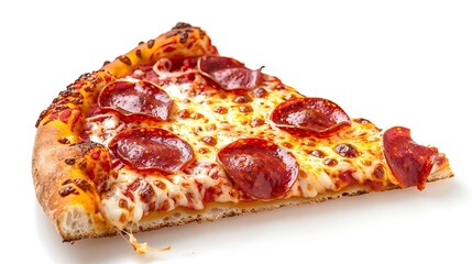 A single slice of pepperoni pizza with melted cheese on a white background close up view delicious
