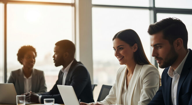 Group of diverse business people working at a table with laptops, suggesting collaboration and teamwork, representative of corporate meeting and success