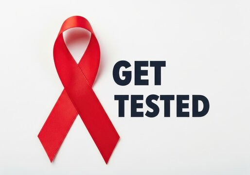 Red ribbon aids awareness with get tested text isolated on white background