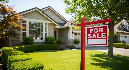 Attractive suburban dwelling features prominent real estate advertisement displayed on manicured lawn under bright daylight
