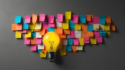 Light bulb surrounded by colorful sticky notes on gray wall with lightbulbe.