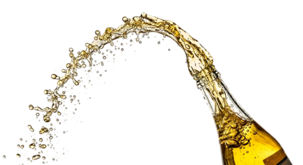 Dynamic shot of beer pouring out of a bottle, isolated on transparent background the golden liquid creates a splash, capturing the refreshing and lively nature of the beverage, perfect for conveying a