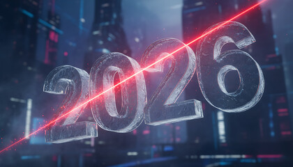 Futuristic cityscape with glowing "2026" numerals illuminated by a red laser beam, suggesting a technological future.