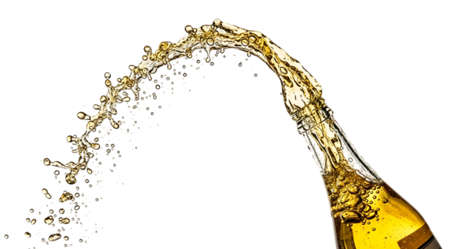 Dynamic shot of beer pouring out of a bottle, isolated on transparent background the golden liquid creates a splash, capturing the refreshing and lively nature of the beverage, perfect for conveying a