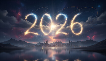 The year 2026 illuminated in glowing celestial light, set against a dramatic sky with swirling clouds and a distant city skyline reflected in calm water.