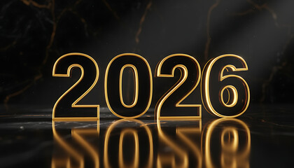 Bold, golden numerals of the year 2026 are prominently displayed against a dark, reflective surface with subtle lighting effects.