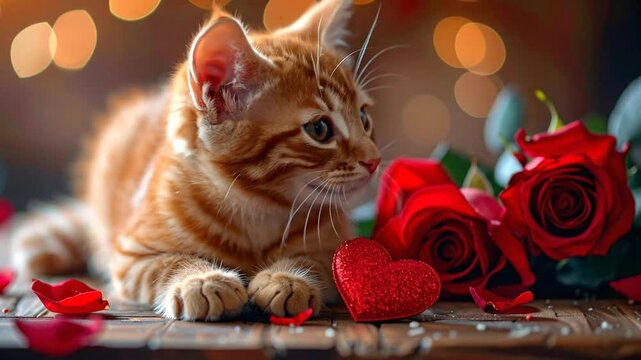 Charming Ginger Kitten with Red Roses and Glitter Heart Decoration in Romantic Setting
