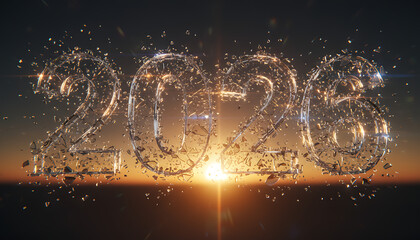 The year 2026 rendered in shimmering, fragmented glass against a dramatic sunset, with light rays bursting through.