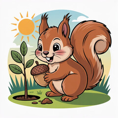 Obraz premium Cute Squirrel Planting trees Vector Illustration 