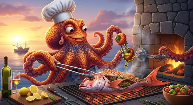Cartoon orange octopus chef smiles while grilling fish with olive oil by a sea sunset