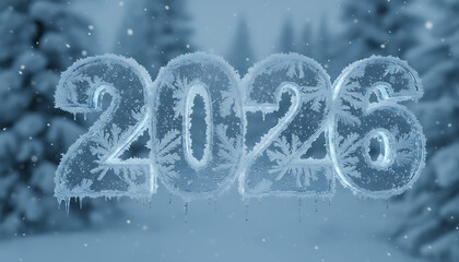 Frosted ice numbers "2026" glisten in a snowy winter forest landscape with falling snowflakes.