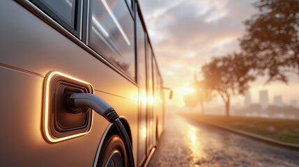 Close-up of an eco bus charging at a power station. Concept of sustainable transport and clean energy.