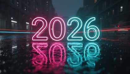 Vibrant neon numbers "2026" illuminated in pink and blue, reflected on a wet, dark city street at night, with blurred light streaks indicating motion.