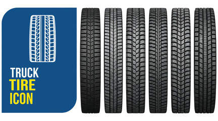 Truck tire icon set isolated on white background, displaying various tread patterns for different terrains and applications, perfect for automotive and transportation designs