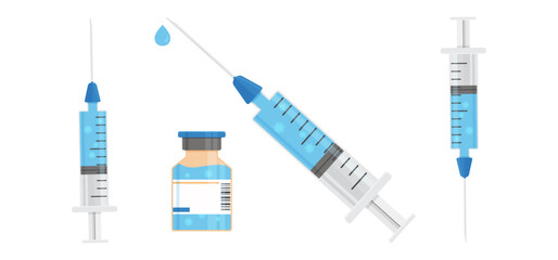 Syringe and vial icon, needle inject and medical bottle. Medicine drug, vaccine dose, antibiotic shot. Liquid ampoule, medic treatment set isolated on white background. Cartoon vector illustration