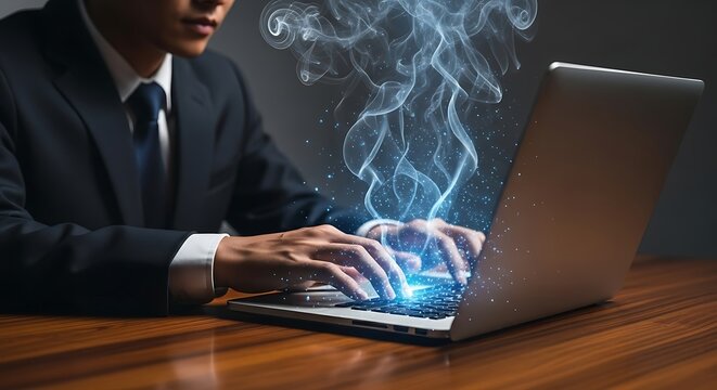Focused Asian businessman skillfully types on a glowing laptop with ethereal smoke effects - Powered by Adobe