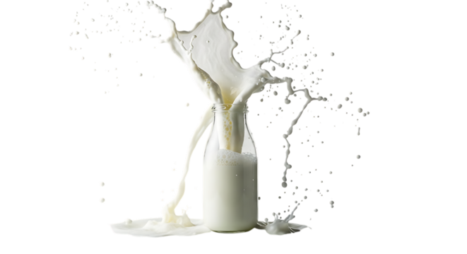 A bottle of fresh milk is splashing and spilling all over the place, creating a dynamic and visually appealing image isolated on transparent background the milk is pure white and the bottle is clear g