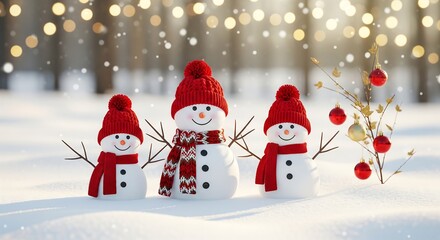 Obraz premium Joyful snowmen in red hats and scarves, winter scene with bokeh