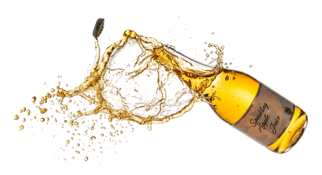 Action shot of a craft beer bottle being opened, with a splash of golden liquid frozen in midair, isolated on transparent background, capturing the essence of artisanal brewing and refreshing taste