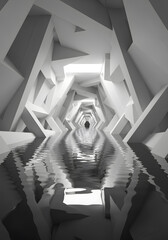 White Geometric Tunnel with Water Reflections and Optical Illusion