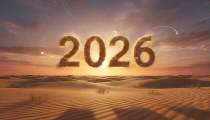 Golden year 2026 illuminated in a dusty desert landscape under a dramatic sunset sky with shooting stars.