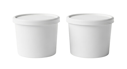 Two white plastic containers with lids, side by side, isolated on transparent background