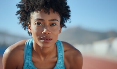 A female athlete readies to sprint, showcasing determination and focus at the stadium