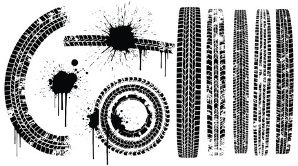Tire track marks isolated on white background showcasing various patterns, including circular, straight, and curved designs, along with scattered ink blots and splatters