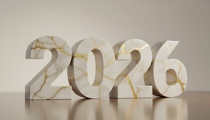 Elegant marble numerals spelling out the year 2026 with golden veins, set against a soft, neutral background.