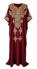 Elegant maroon kaftan with golden embroidery, traditional arabic dress isolated on transparent background