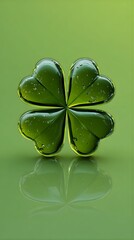 3D Render of Shiny Glass Four-Leaf Clover with Water Droplets