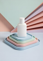 White Bottle on Stacked Pastel Trays Against Abstract Geometric Background