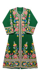 Green embroidered coat with floral designs, traditional style clothing isolated on transparent background