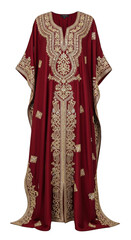 Elegant maroon kaftan with golden embroidery design isolated on transparent background