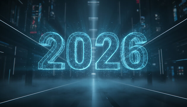 Futuristic glowing digital year 2026 displayed in a neon-lit, abstract technological cityscape with geometric lines and particles.