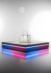 White Handbag on Minimalist Platform with Neon Lighting
